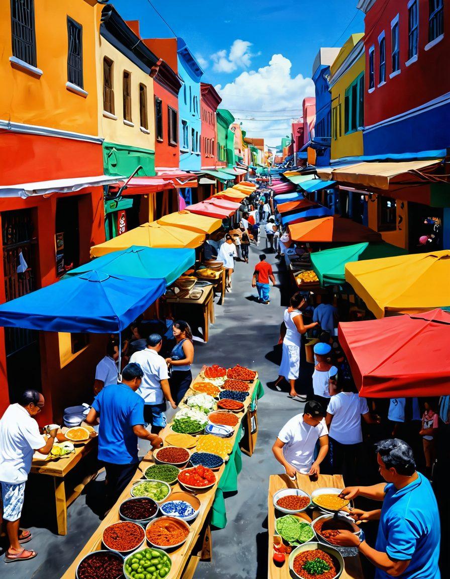 A vibrant, colorful montage featuring a bustling market scene with diverse culinary dishes representing Blatino culture, interspersed with artistic expressions like street murals and sculptures. Incorporate Latin-inspired patterns and warm, inviting textures that create a sense of community and celebration. Include people joyfully engaging with food and art in a sunny outdoor setting. Capture the essence of cultural fusion and lively atmosphere. super-realistic. vibrant colors. painting.