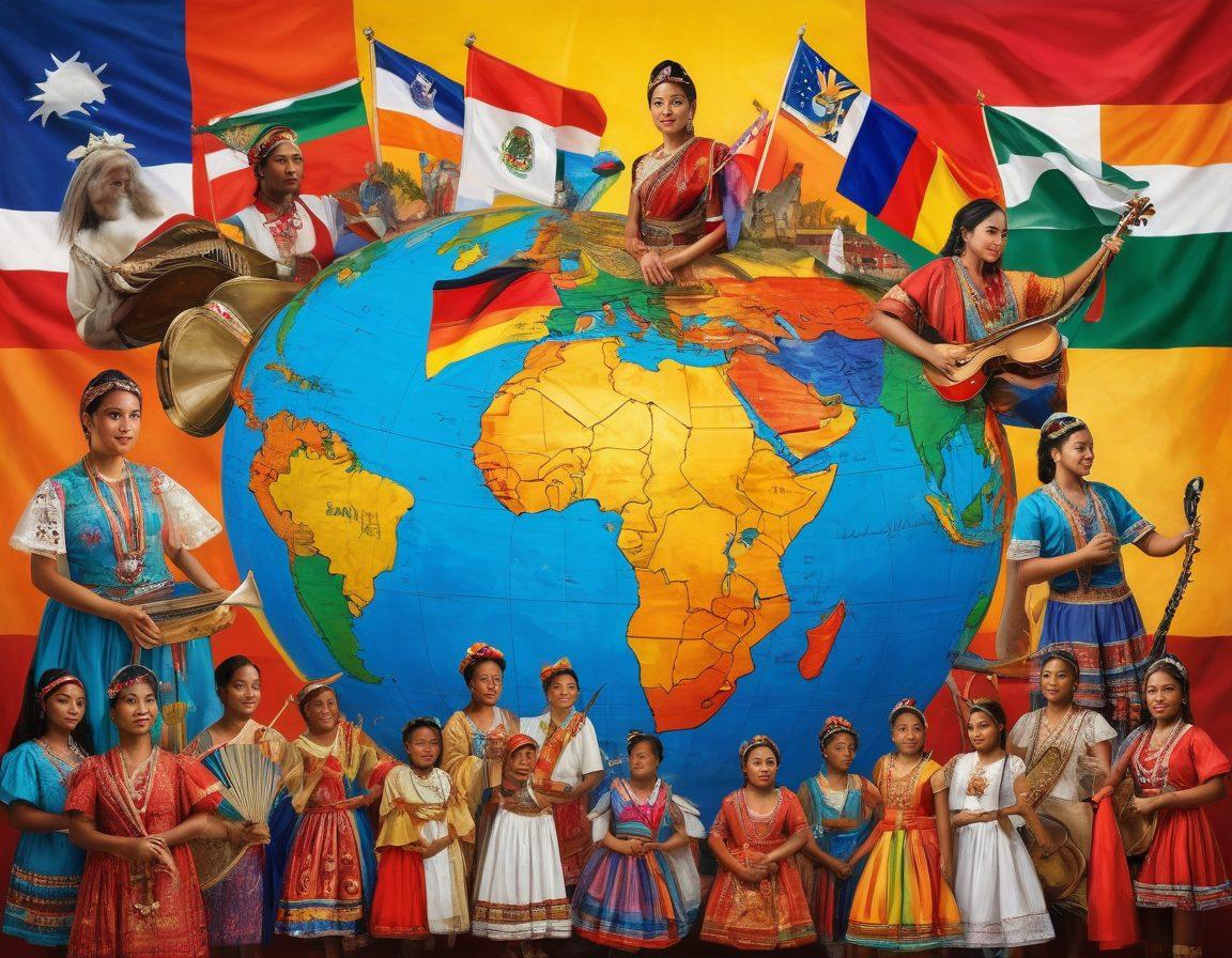A vibrant collage of Blatino culture, showcasing traditional attire, colorful flags, and cultural symbols from both Latino and Black communities. Incorporate elements like music instruments, dance, and food to represent the fusion of these heritages. Background featuring a world map highlighting cultural connections. The image should feel lively and celebratory, radiating diversity and unity. super-realistic. vibrant colors.